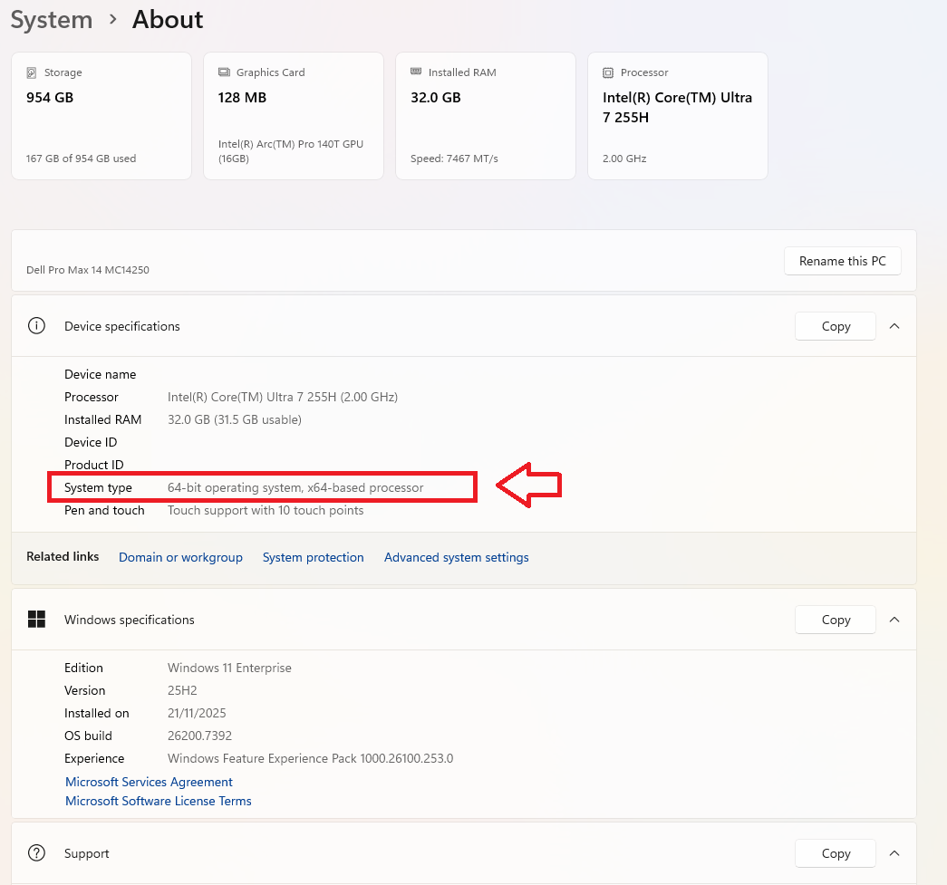 Window displaying OS version